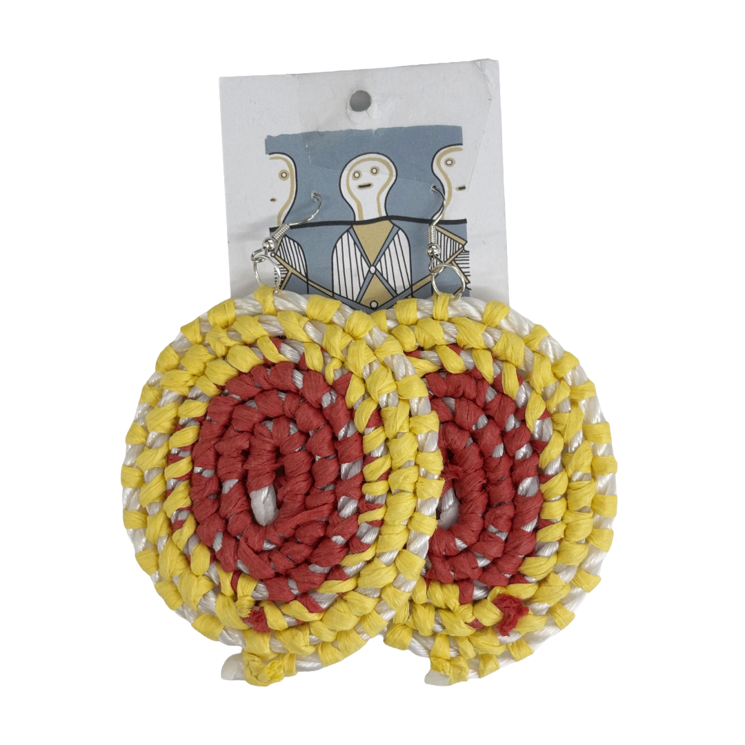 VENETTA DENHAM - Girringun Art Centre | 'Gundala - Large Woven Earrings’ | Red / yellow / white