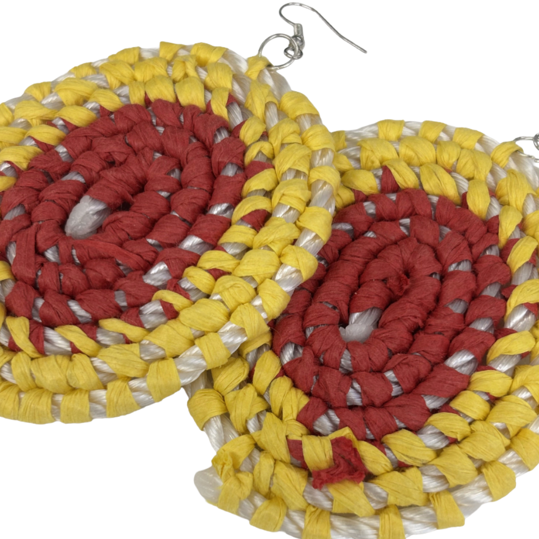 VENETTA DENHAM - Girringun Art Centre | 'Gundala - Large Woven Earrings’ | Red / yellow / white