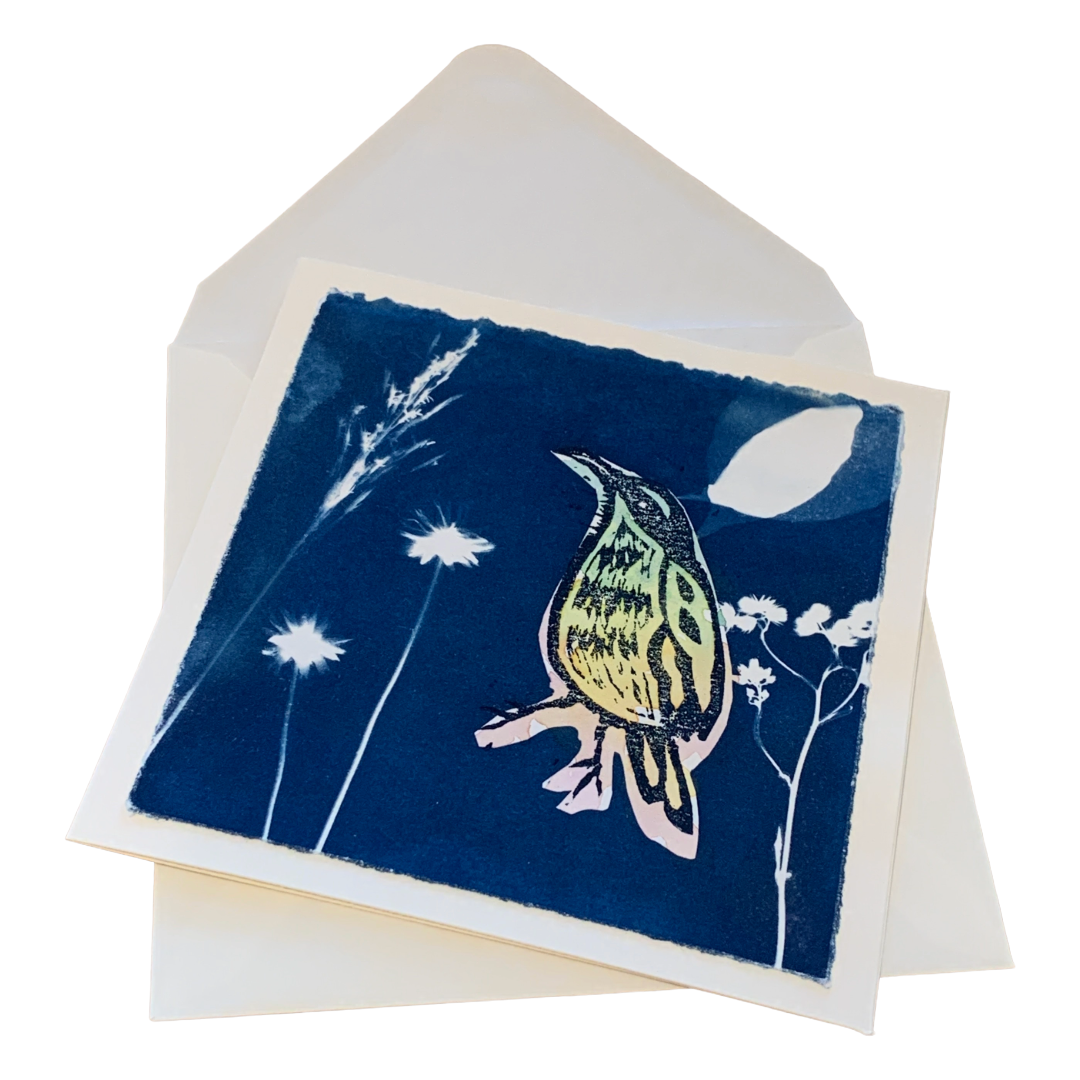 YASUE ASAI | ‘Sitting Bird' | Gift card | Cyanotype | Hand-coloured Print | Collage