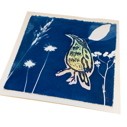 YASUE ASAI | ‘Sitting Bird' | Gift card | Cyanotype | Hand-coloured Print | Collage