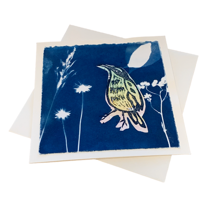 YASUE ASAI | ‘Sitting Bird' | Gift card | Cyanotype | Hand-coloured Print | Collage