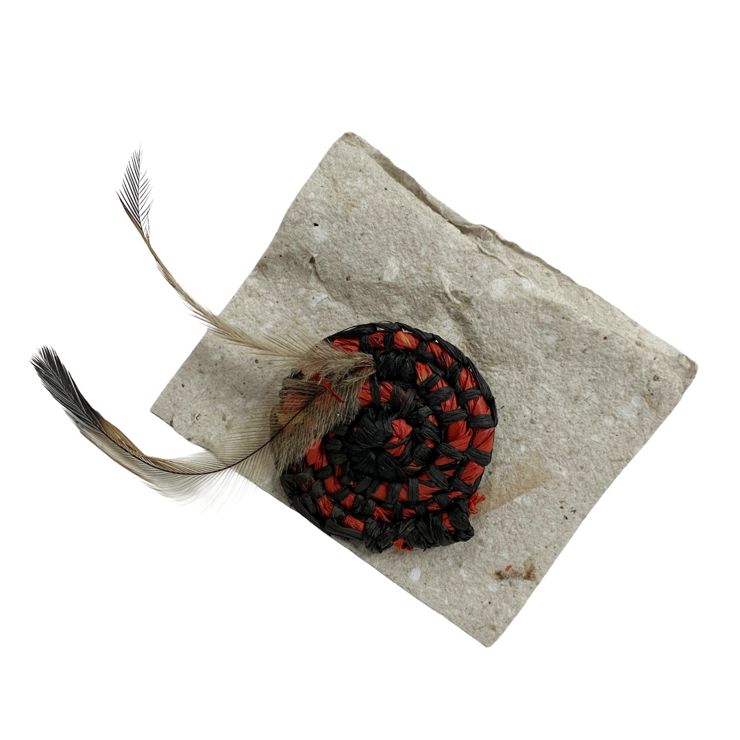 FLASH BLAK | ‘Woven Brooch' - small red / black | raffia + emu feather