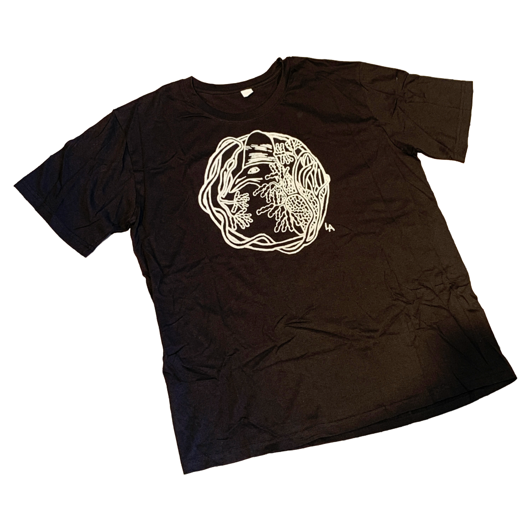 GIRRINGUN ART CENTRE | 'Cassowary Head by Leonard Andy' T-shirt  |  Black fabric / white design | Screenprint on cotton