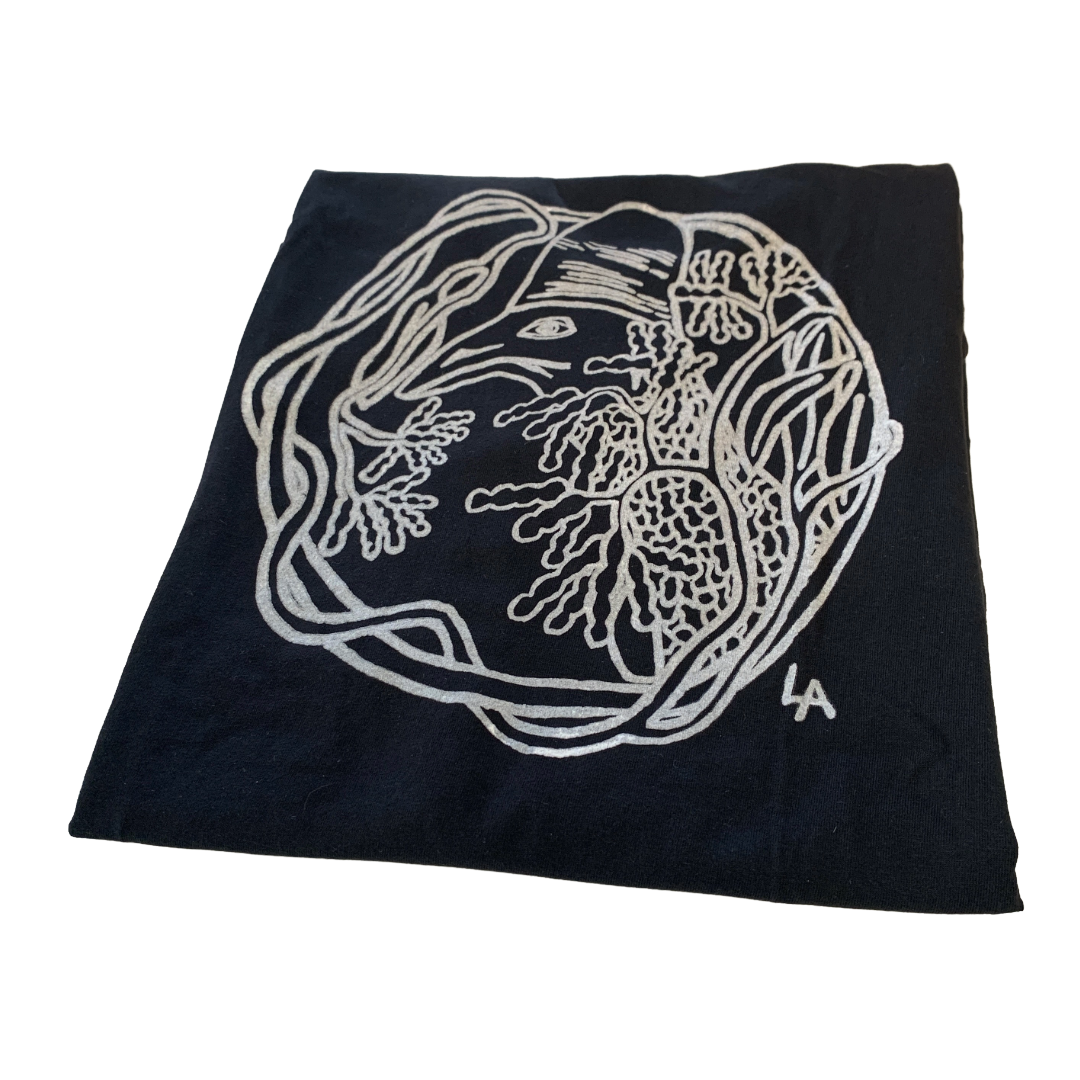 GIRRINGUN ART CENTRE | 'Cassowary Head by Leonard Andy' T-shirt  |  Black fabric / white design | Screenprint on cotton