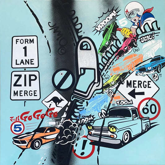 JAMIE COLE | ‘Zip Merge (after Lichtenstein Zipper 1962)’ | Mixed media on canvas