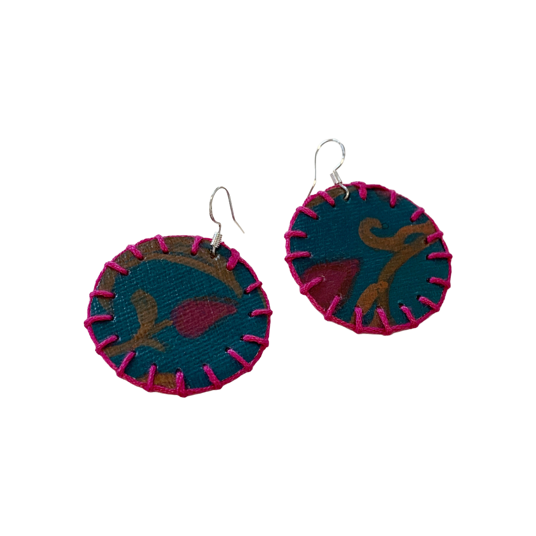 MUMA' NAI | Midi Bling – Romance Me #3 | Upcycled mustard corduroy and acrylic on canvas with fuchsia cotton embroidery and sterling silver hooks | 4 (d) cm