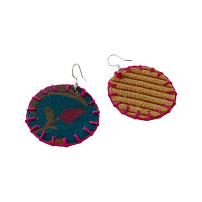 MUMA' NAI | Midi Bling – Romance Me #3 | Upcycled mustard corduroy and acrylic on canvas with fuchsia cotton embroidery and sterling silver hooks | 4 (d) cm