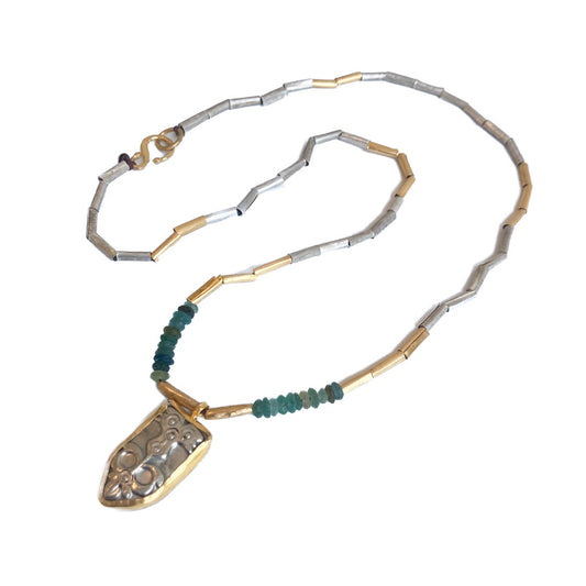 ARTIZ | ‘Century Pendant Necklace’ | Long | Gold-plated bronze / antique glass / antique belt piece
