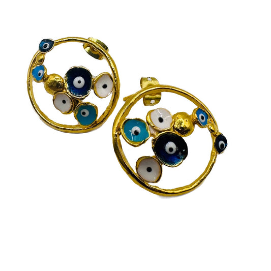 ARTIZ | 'Evil Eye Button Earrings' | Large | Bronze / blue + white enamel cups