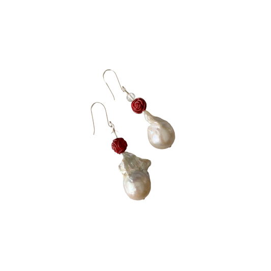 PEARL AND SALTY PLUM | ‘Big Pearl Earrings (2)’ | Red rose beads