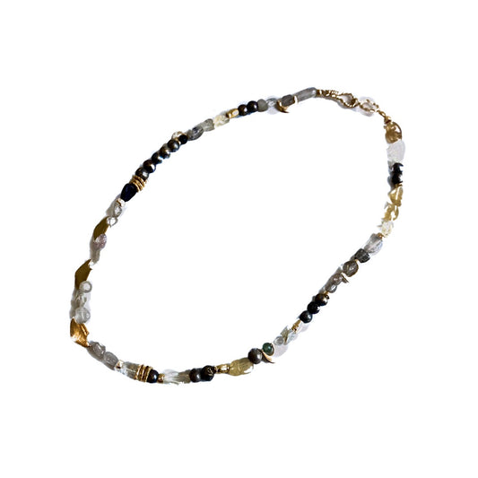 ARTIZ | 'Gold + Citrine Necklace' | Short | Gold plated bronze pieces / grey pearls / citrine