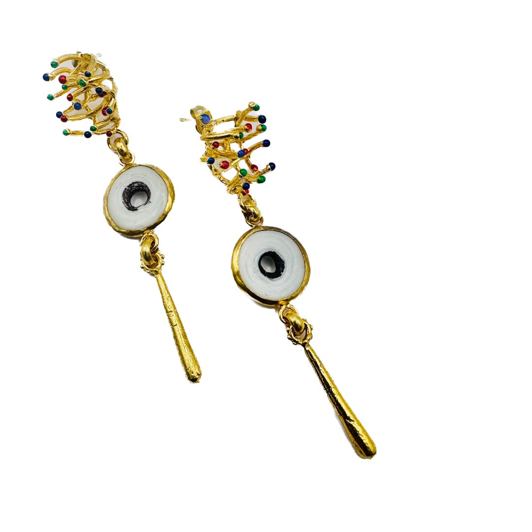 ARTIZ | ‘Spiked Dangle Earrings’ | Enamel spiked bronze / white glass