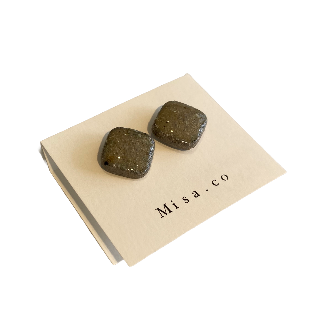 MISA.CO | ‘Glazed Yellow Japanese Wild Clay Ceramic Stud Earrings #27’ | Smoke-fired / Surgical Stainless Steel Fittings