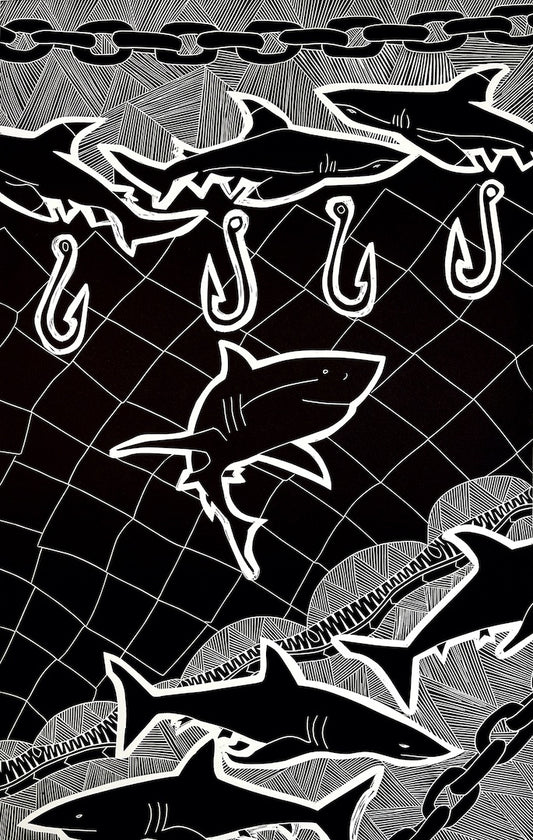 PAULA SAVAGE - Moa Arts | 'Shark Net' | Linoprint on BFK Rives paper