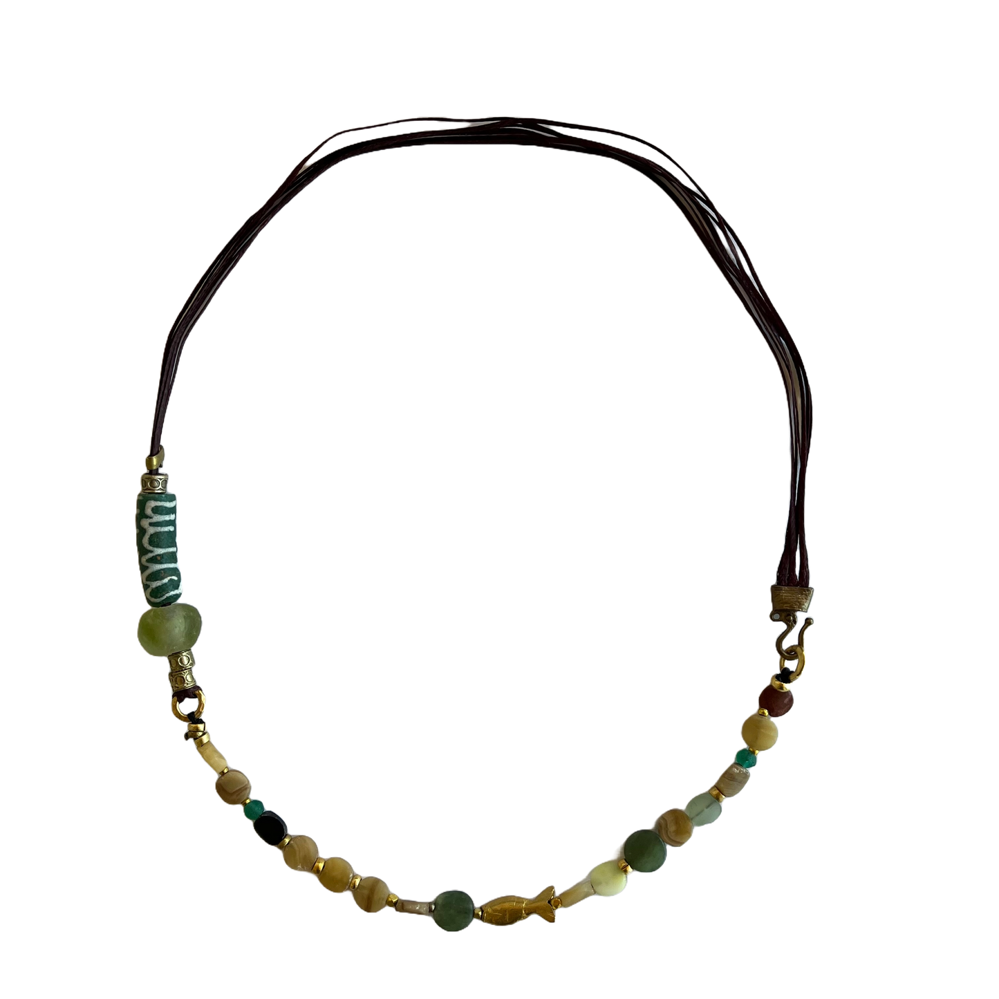ARTIZ | ‘Bronze Fish Necklace’ | Short | Bronze pendant / wax cotton / mixed jade / African glass