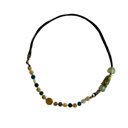 ARTIZ | 'African glass Necklace' | Mixed jade / bronze / african glass / waxed cotton