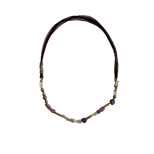 ARTIZ | 'Waxed-cotton necklace with semi precious stones'|Grey  pearl / citrine / gold plated bronze / waxed cotton