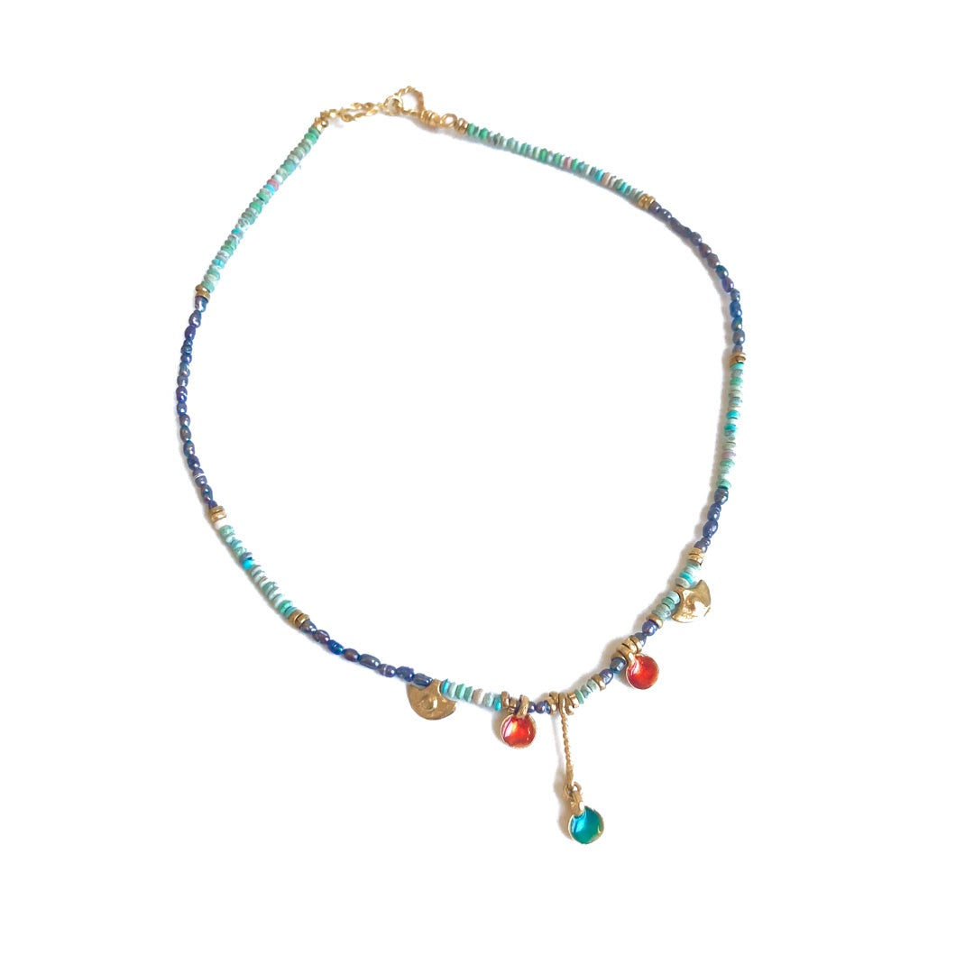 ARTIZ | ‘Enamel Cup Necklace’ | Short | Enamel / turquoise / grey pearl
