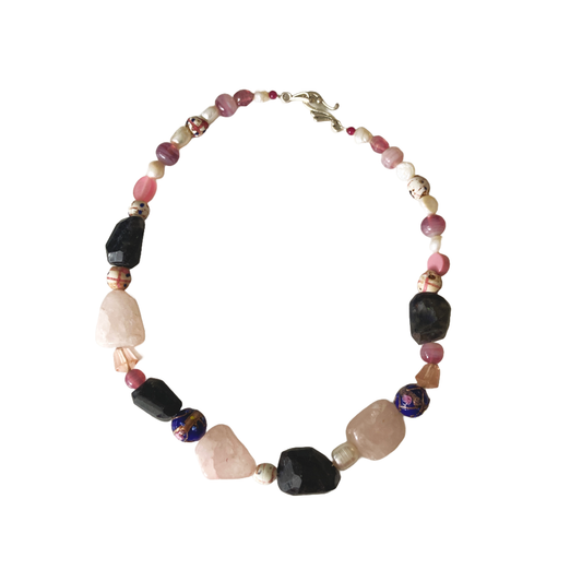 PEARL AND SALTY PLUM | ‘Pink Quartz Necklace’ | Iolite stone / Venetian glass beads / African trade beads