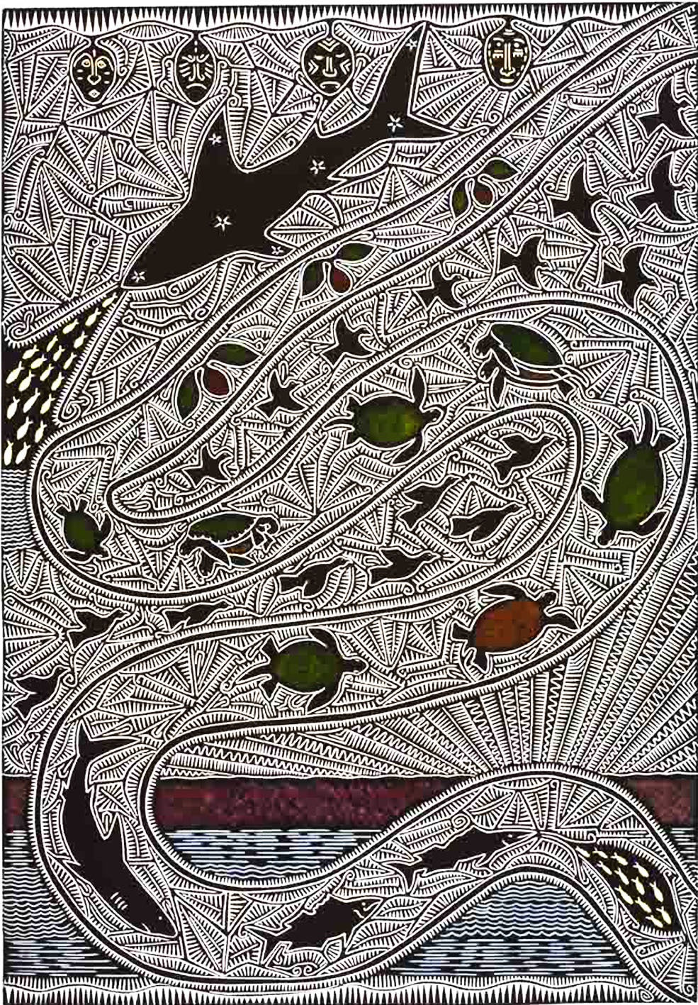 BILLY MISSI | 'Zagan Gud Aladhi (constellation)' | Hand-coloured linocut