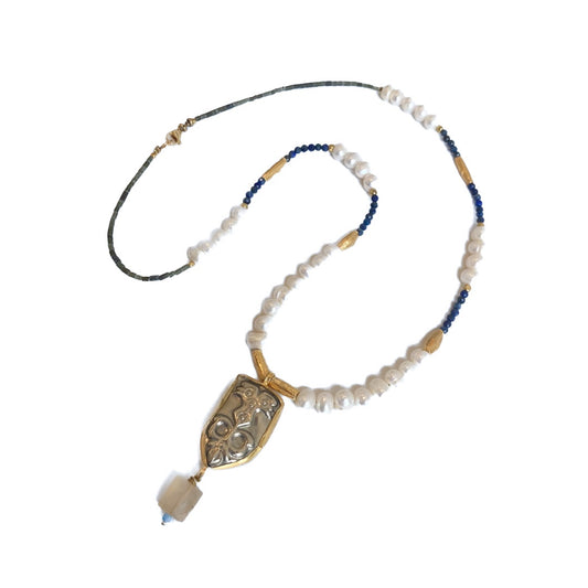 ARTIZ | ‘Century Pendant Necklace’ | Long | Gold-plated bronze / lazuli lapis / pearl / antique belt piece