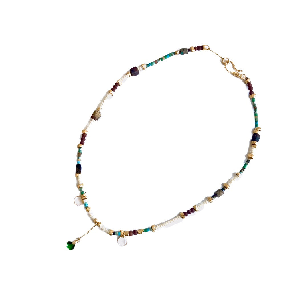 ARTIZ | ‘Enamel Cup Necklace’ | Short | Enamel / turquoise / grey pearl / brown jade