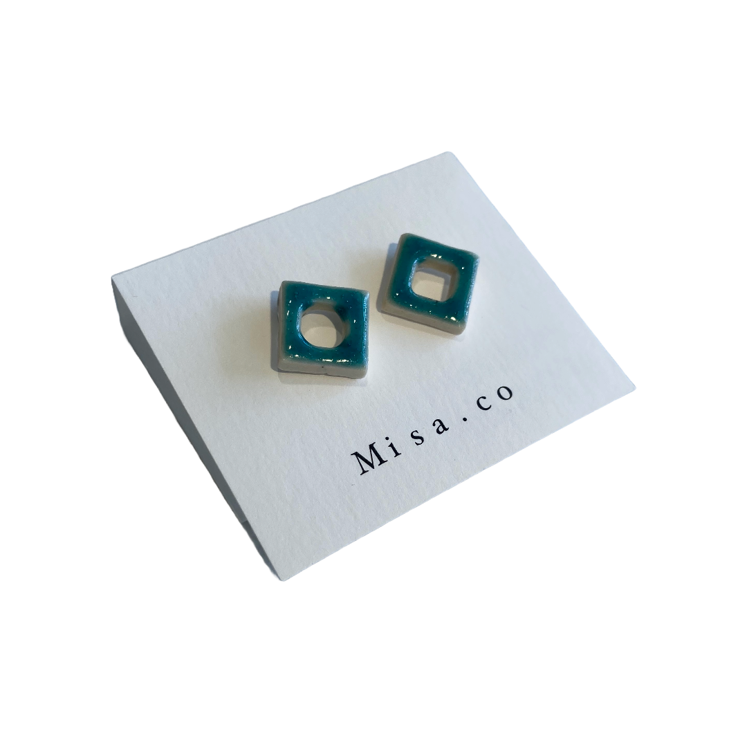 MISA.CO | ‘Loop + Rhombus Ceramic Earrings #9’ | Emerald blue | Surgical Stainless Steel Fittings