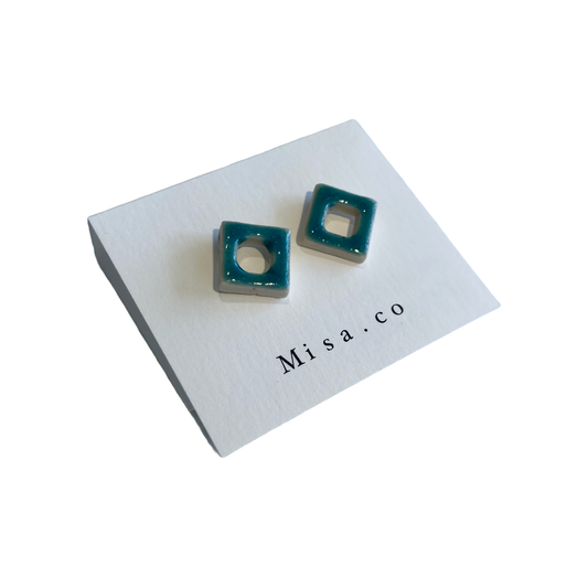 MISA.CO | ‘Loop + Rhombus Ceramic Earrings #9’ | Emerald blue | Surgical Stainless Steel Fittings