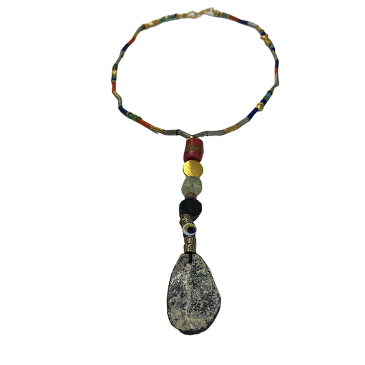 ARTIZ | 'Ancient Roman Glass long necklace' (1) | Gold plated bronze / silver / handcut glass