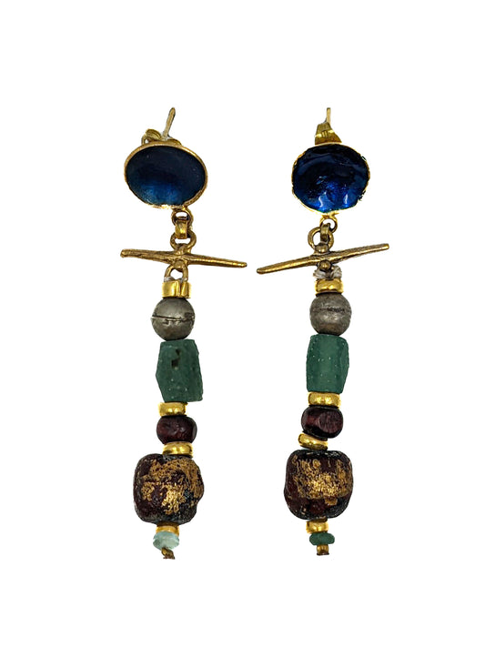 ARTIZ | ‘Blue Enamel Cup Drops’ Earrings | Antique glass / gold-plated bronze
