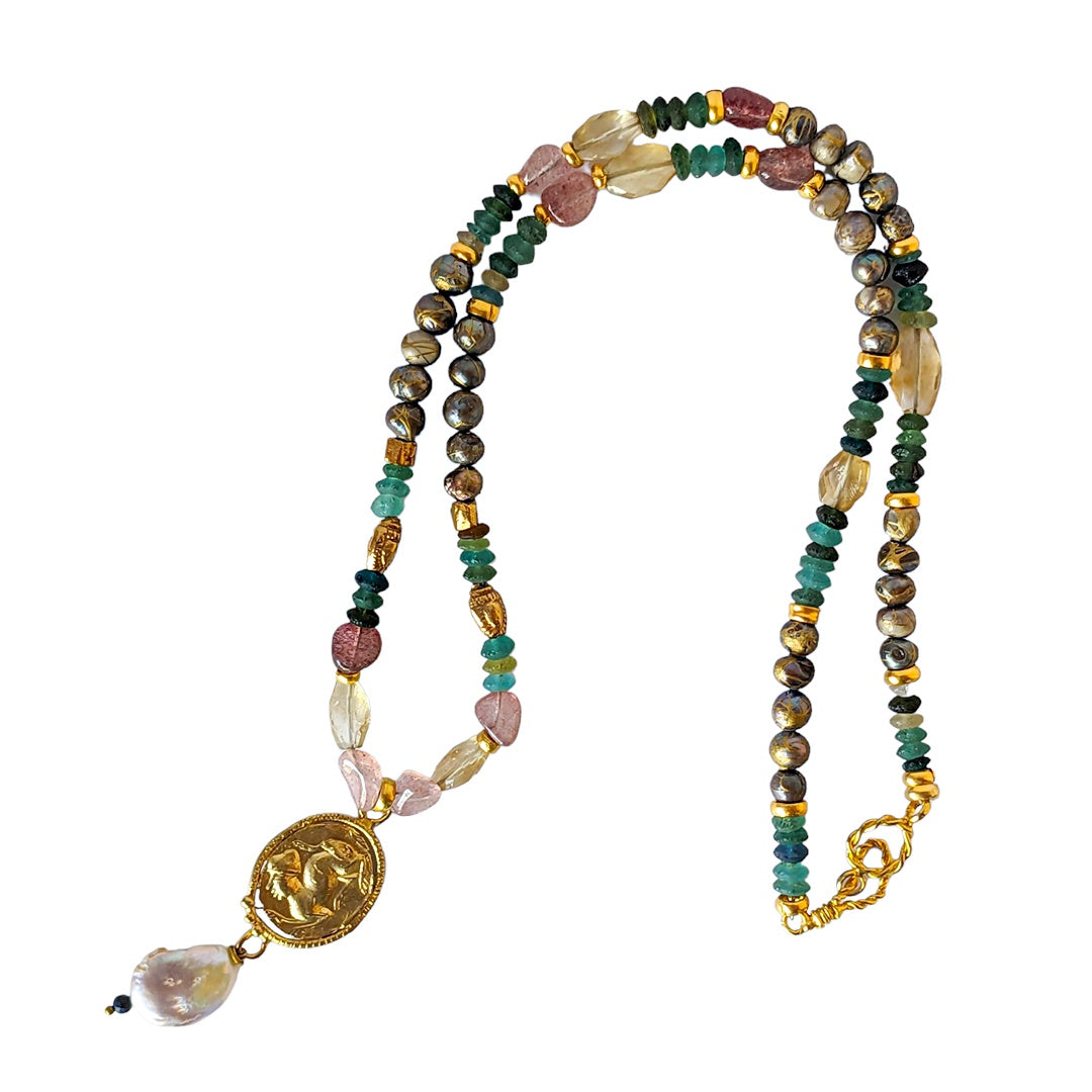 ARTIZ | ‘Ancient Roman Glass Necklace I’ | Grey pearls / citrine