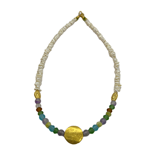 ARTIZ | 'Gold medallion Necklace' (2) | Pearl / Amethyst / antique green glass / gold plated bronze