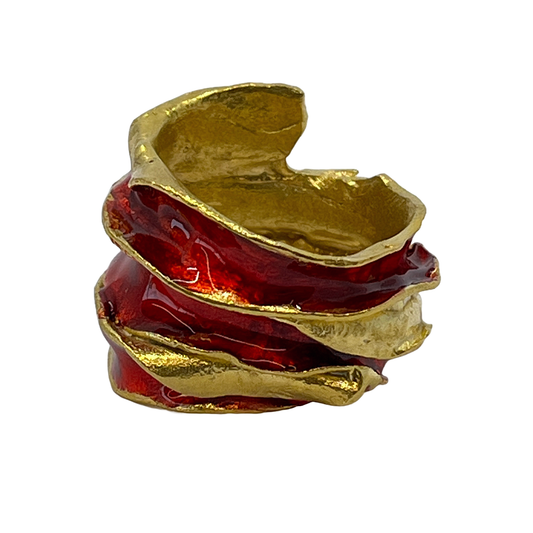 ARTIZ |'Red Enamel Leaf Ring' (large) | Gold plated bronze