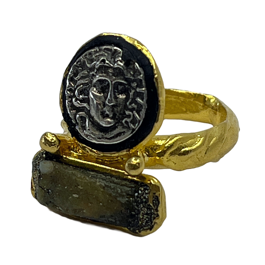 ARTIZ | 'Medusa Coin Ring' | Old glass / gold plated bronze