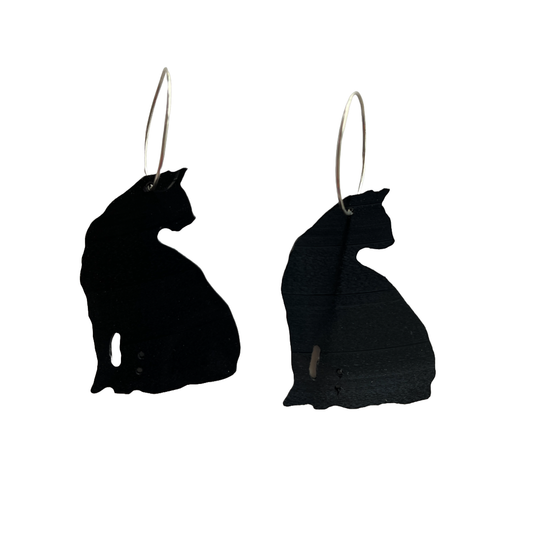 BARBARA DOVER | ‘Sitting Short-haired cat (head turned) earrings’ | Hand-cut vinyl records + sterling silver