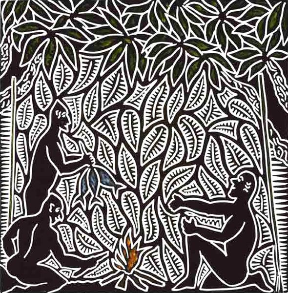 BILLY MISSI | 'Wapil nathaik (roasting fish)' | Linocut Print