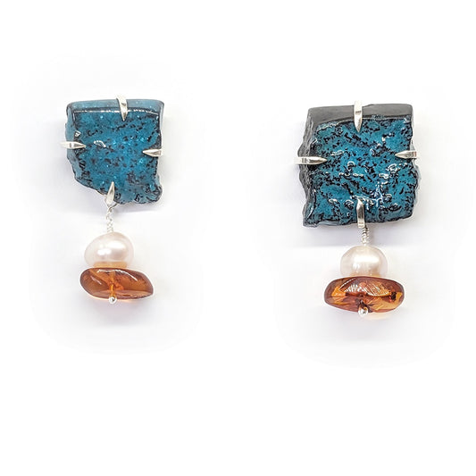 MALKI STUDIO | ‘Barolin Rocks’ Earrings | Sterling silver / glazed black ceramic / repurposed amber beads / freshwater peals