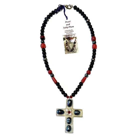 PEARL AND SALTY PLUM | 'Black Cross' | Mixed media necklace