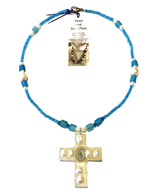 PEARL AND SALTY PLUM | 'Blue Cross' | Mixed media necklace