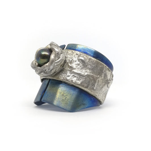 MALKI STUDIO | ‘Celestial II’ Ring | Sterling silver / titanium / freshwater pearl.