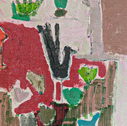 Julie Poulsen artist's painting in red and green shapes titled Curlew Nesting