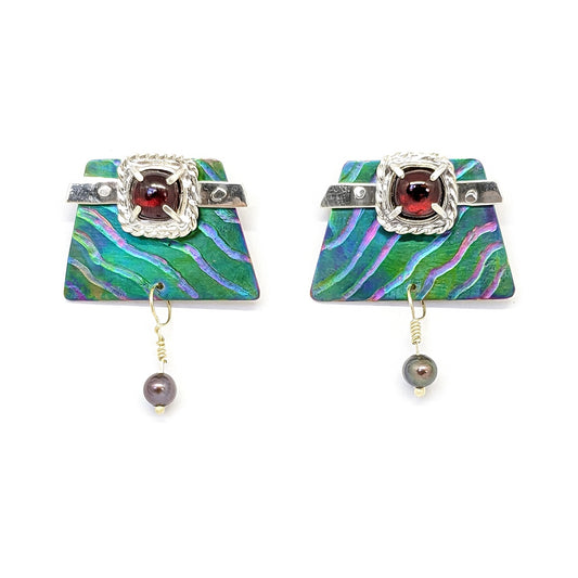MALKI STUDIO | ‘Diatom’ Earrings | titanium / sterling silver / 14kt gold / 1.95ct (3.9ct combined) Brazilian garnets / pearls