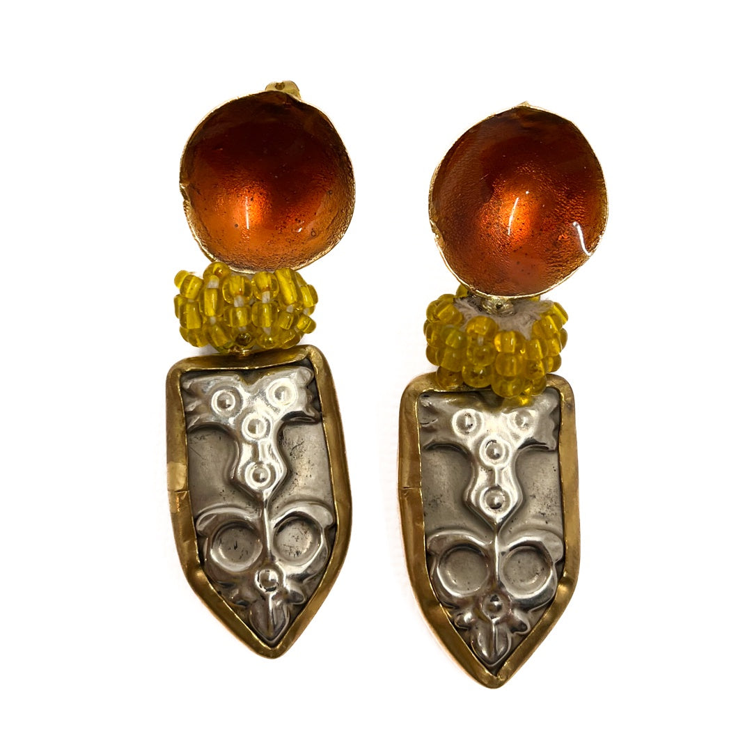 ARTIZ | 'Century Earrings' | Antique Afghan belt piece | Orange enamel / yellow beads / bronze