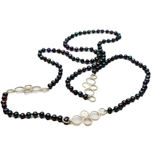FAR NORTH STUDIO | 'Stream' Necklace | Sterling silver / freshwater pearls (peacock ) / silk thread