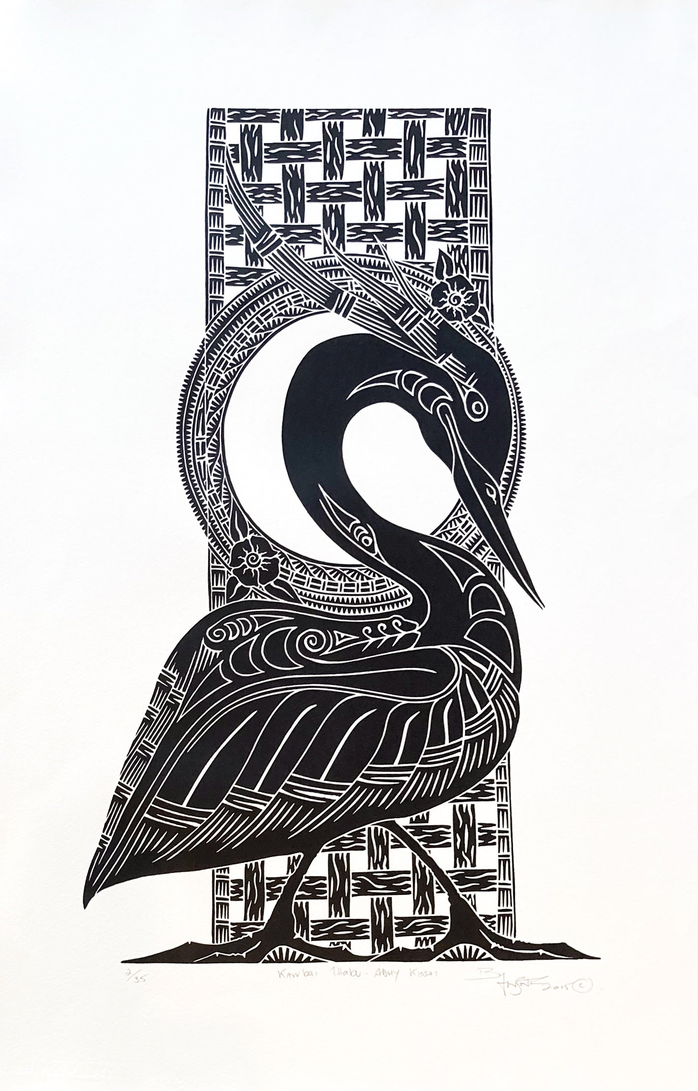 LAURIE NONA | 'Karrbai Thabu Adhy - Kissay (Snake and White Stork Totem - moon phase)' | Linocut print