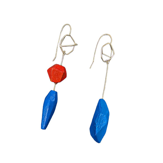 LOIS HAYES DESIGNS | 'Linear Form earrings' | Red + blue | Sterling silver / recycled skirting board wood