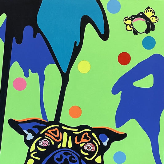 JAMIE COLE | 'A Little piece of Paradise - Lulu In The Sky with Cane Toads' | Acrylic on wooden panel