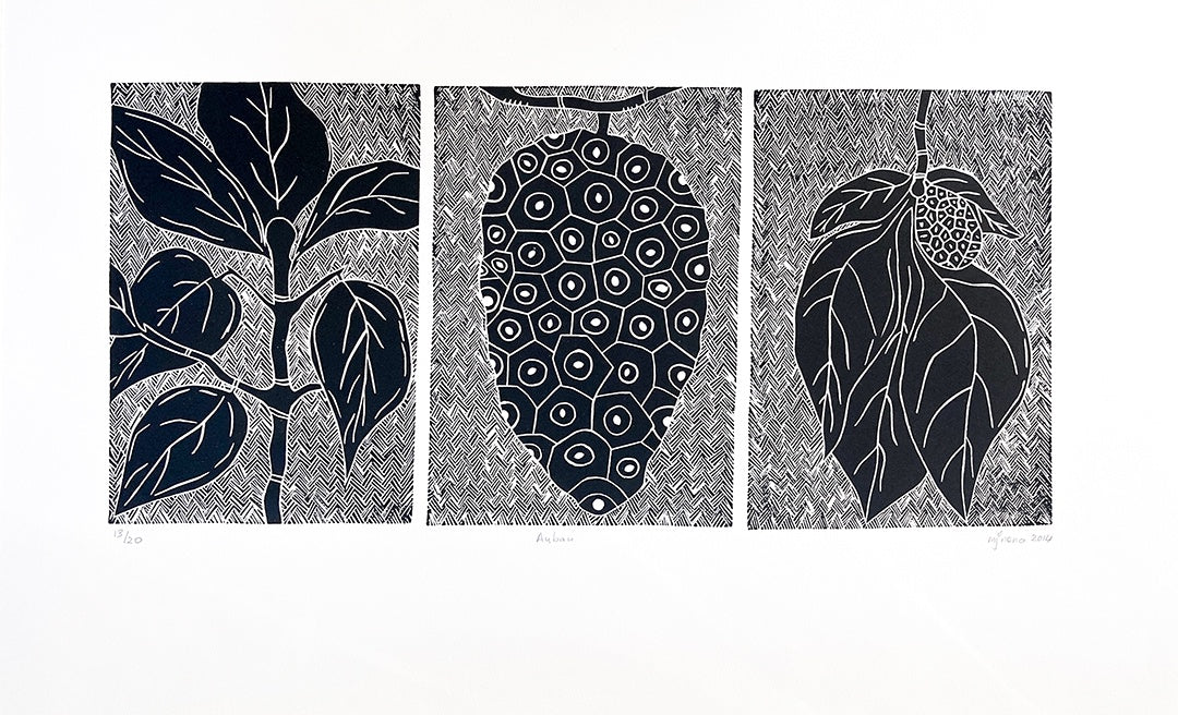 MATILDA MALUJEWEL NONA | 'Aubau (Noni Fruit)' | Linocut print / framed