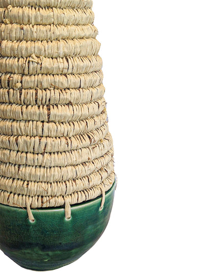 MONIQUE BURKHEAD | ‘Clay + Weave I’ | Ceramic green glaze / natural raffia