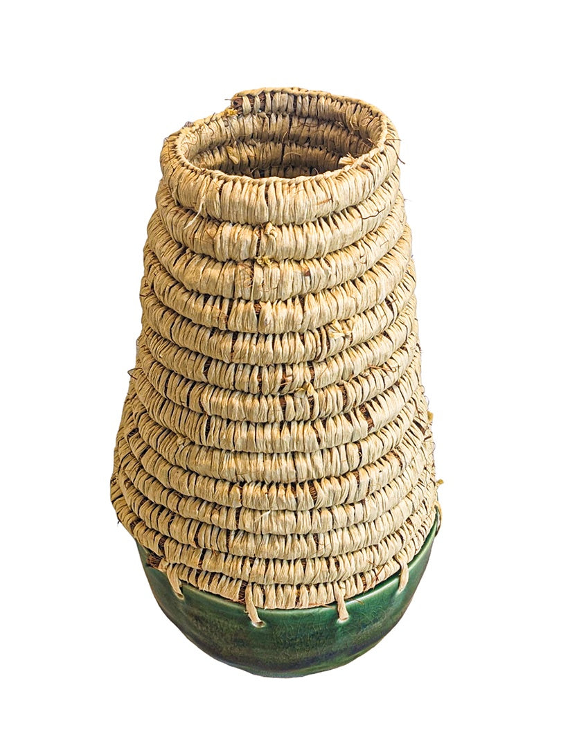 MONIQUE BURKHEAD | ‘Clay + Weave I’ | Ceramic green glaze / natural raffia